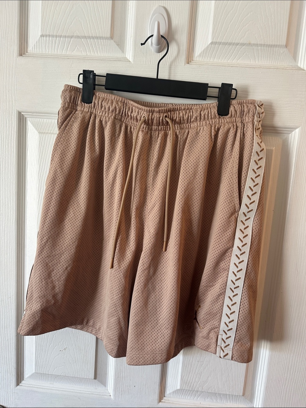 Beige Athletic Mesh Men’s Shorts with Side Stripe